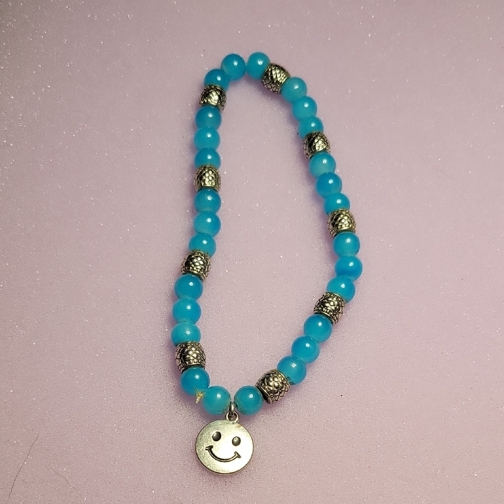 Bright Aqua Blue Glass & Brass Tone Beads On Stretch Cord With Cute Smiley Charm